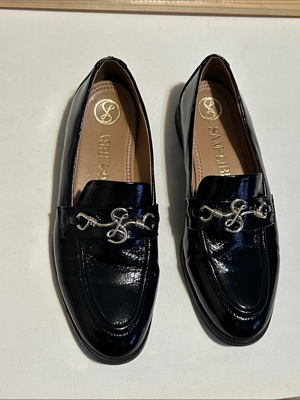 Sam Edelman Black Patent Loafers with Silver Chain Accent